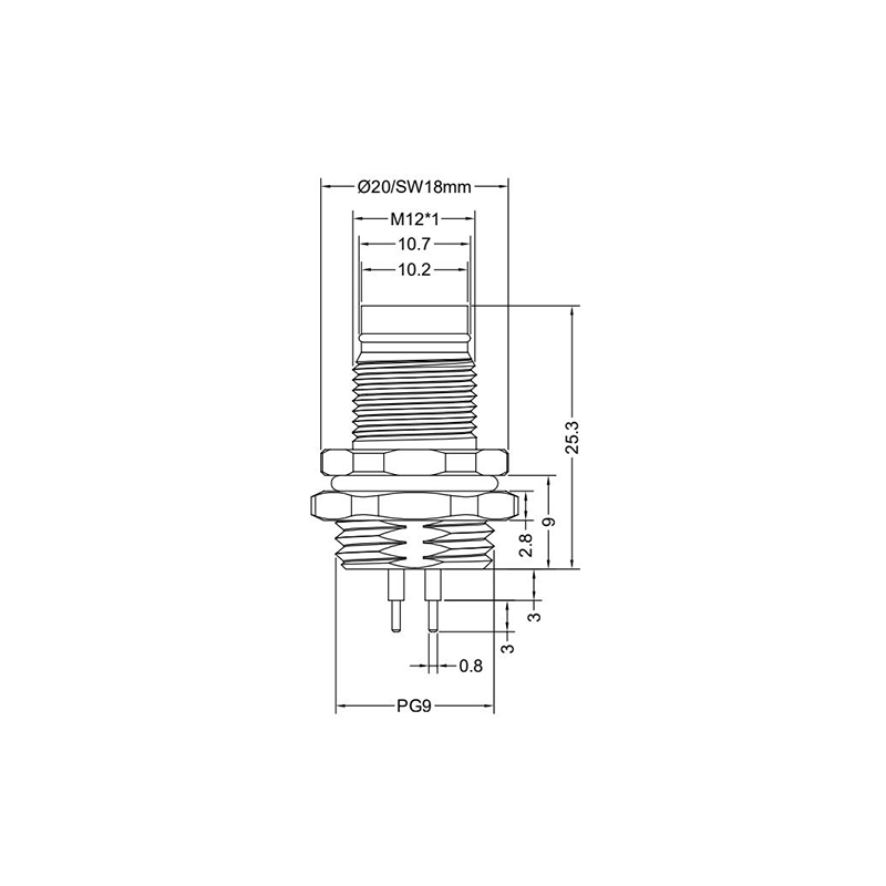 Push-pull m12 3pins A code male straight rear panel mount connector PG9 thread,unshielded,insert,brass with nickel plated shell